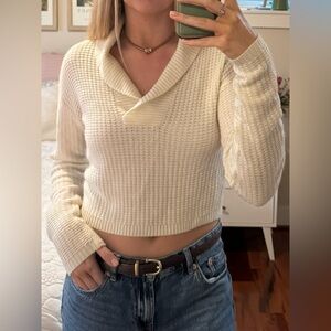 Urban Outfitters Cream Cropped Shawl-Collar Knit Sweater